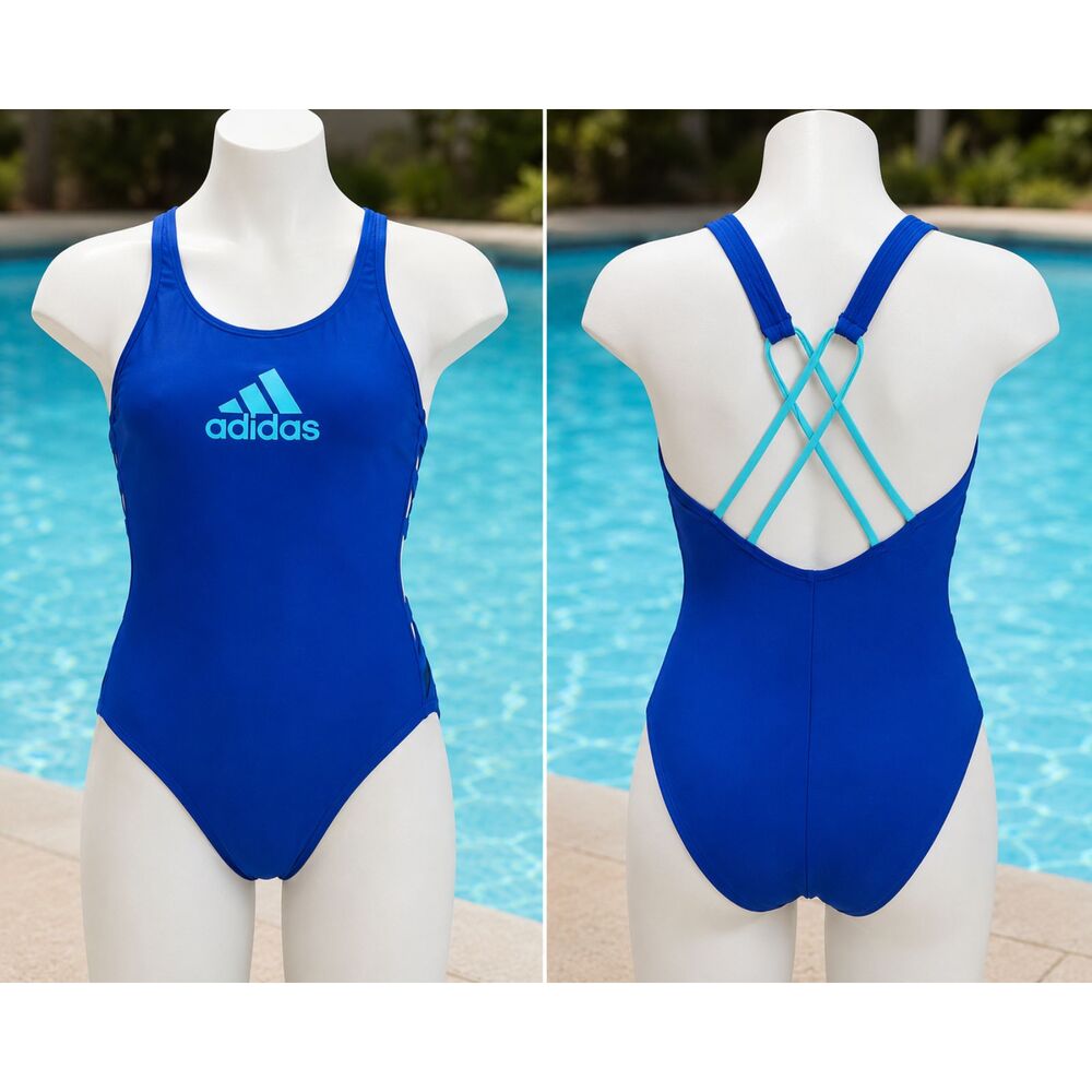 Adidas Girls Size M 10/12 Blue One Piece Swimsuit Crisscross Back Athletic #X